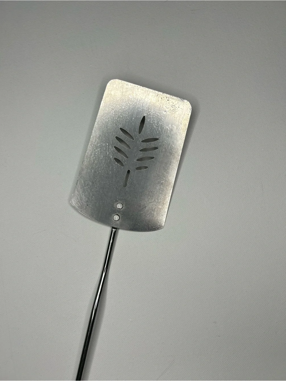 Vintage Long Handle BBQ Grill Spatula Slotted Metal Wheat Pattern Wood Handle